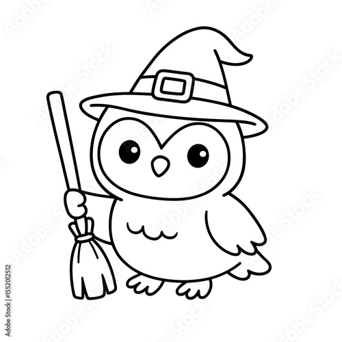 A charming cartoon owl, adorned with a witch hat, is holding a broom, ready for magical adventures in an amusing, simple style.  vector illustration halloween coloring page 