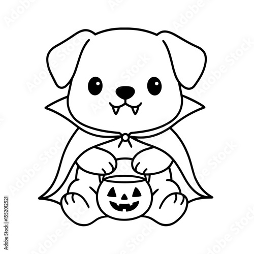 A captivating Halloween cartoon drawing features an adorable puppy dressed up in a vampire costume. The cute cartoon puppy is sitting and holding a pumpkin bucket.