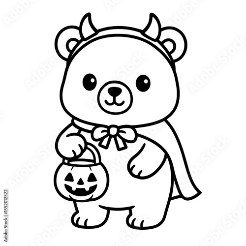An adorable cartoon bear, dressed in a festive Halloween costume, holds a jack-o'-lantern. This friendly character is ready for trick-or-treating. vector illustration coloring page