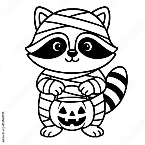 A charming raccoon, dressed in a mummy costume and holding a jack-o'-lantern, embodies the playful spirit of Halloween. A delightful illustration perfect for holiday-themed projects.