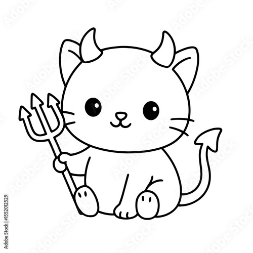 An adorably mischievous cartoon of a devil cat, with horns, a tail, and a trident, exuding a blend of cute and wicked charm. vector illustration, halloween coloring page
