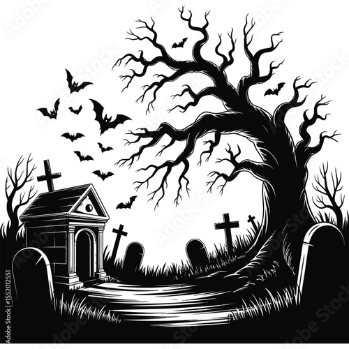 Black and White Halloween Cemetery Scene Bats Graveyard Tombstones Tree
