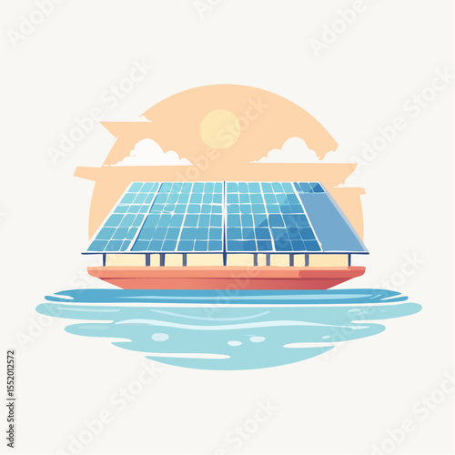 Solar panels atop a floating platform on blue water set against a sunset backdrop