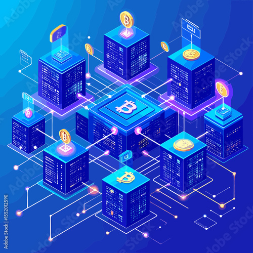Isometric Network of Cryptocurrency Servers with Bitcoin Icons in Blue Tones Representing Blockchain Technology and Digital Finance
