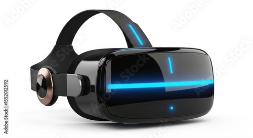 Black virtual reality headset features blue light accents displayed against a crisp white background
