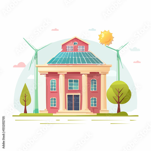 Building with solar panels and wind turbines