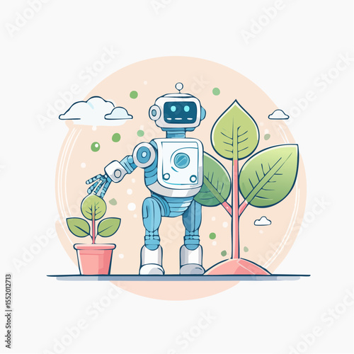 A robot tending a potted plant near a large green tree