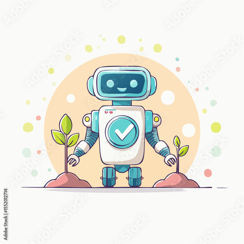A friendly robot stands between two growing plants in a lighttoned dotted setting