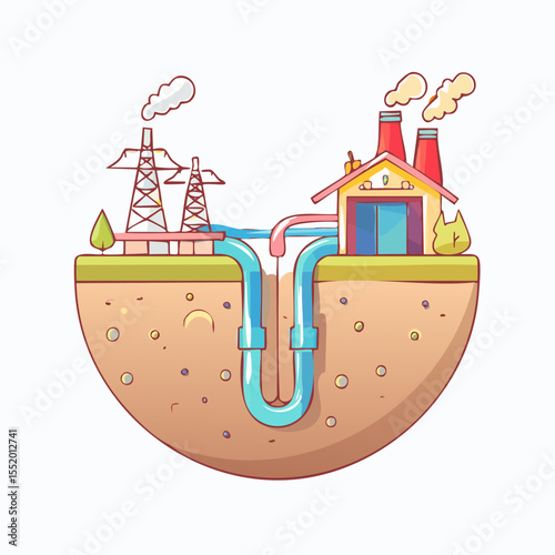 Cutaway view of a geothermal power plant with aboveground  underground features