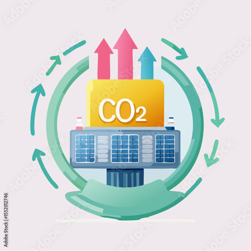 CO2 extraction concept with solar panels and looping arrows