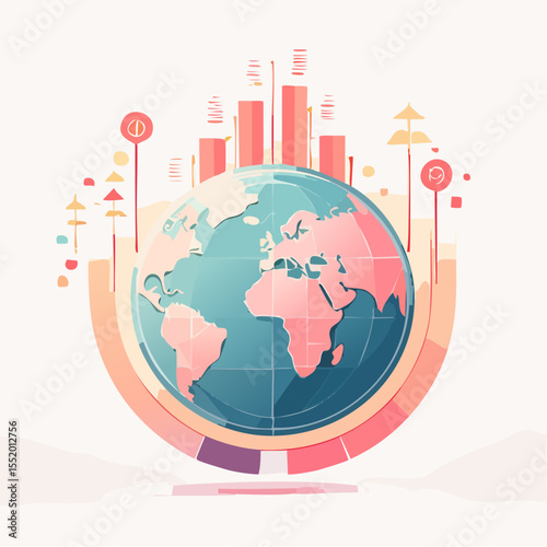 Earth globe framed by graphs set on a pale background