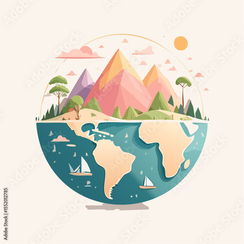 Globe icon mountains trees atop landmass ocean with sailboats sun and clouds
