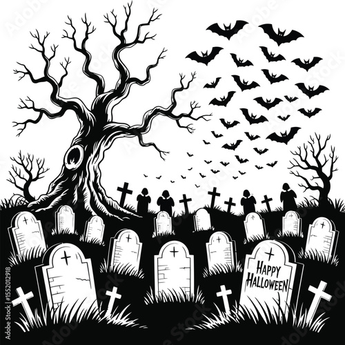 Black and White Halloween Graveyard Scene Bats Gravestones Spooky Tree