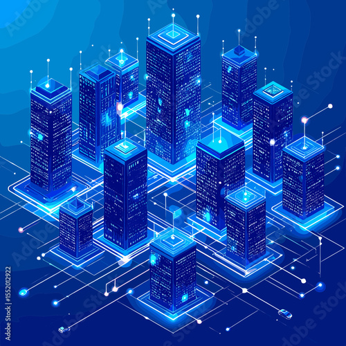 Isometric View of a Futuristic City at Night Featuring Blue Glowing Skyscrapers and Intricate Network Connections Illustrating Advanced Technology and Urban Design