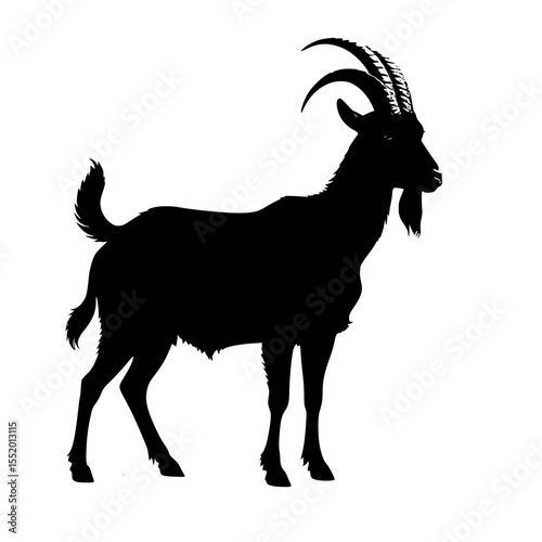 Silhouette of a goat with horns standing on flat ground