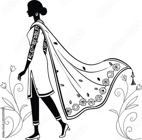 Elegant silhouette of a woman in traditional indian attire with flowing dupatta