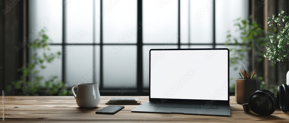 Fototapeta premium The modern workspace featuring a laptop, coffee, and greenery.