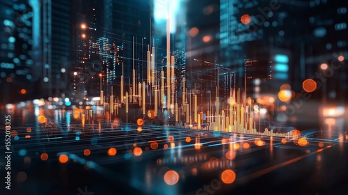 Urban data visualization event in city center digital art displaying analytics nighttime view futuristic concept