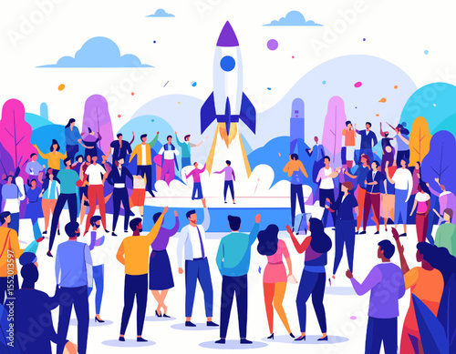 Launching Rocketship Startup Concept with Cheering Crowd Against Colorful Tree Background for Successful Business Venture and Team Celebration