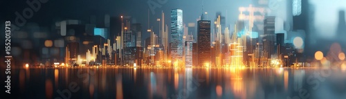 Dynamic city skyline at night urban landscape digital artwork futuristic ambiance wide angle view urbanization concept