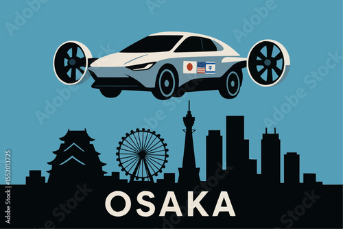 Futuristic flying car hovering above Osaka city skyline, Expo 2025 technology innovation vector illustration