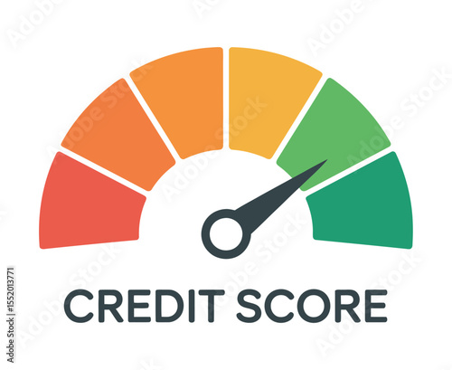 Colorful Credit Score Gauge Showing Financial Standing graphic credit score meter with needle showing rating credit score financial health credit rating loan application