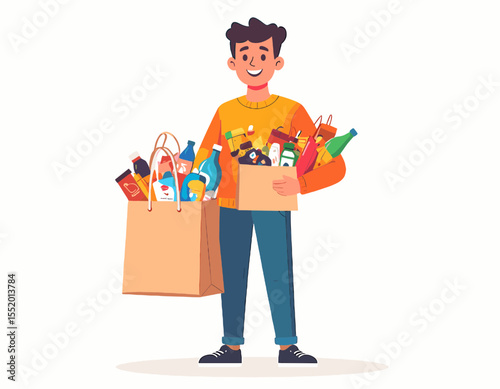 Man Carrying Grocery Bags Full of Various Products in a Flat Vector Illustration Design with Orange Sweater and Blue Pants