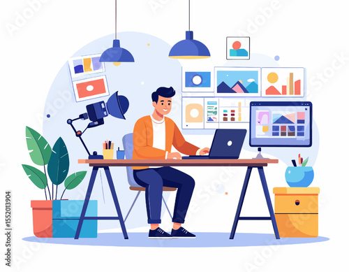 Man in Orange Jacket Working at Desk with Laptop in Bright Office with Display Screens Plants and Table Lamp