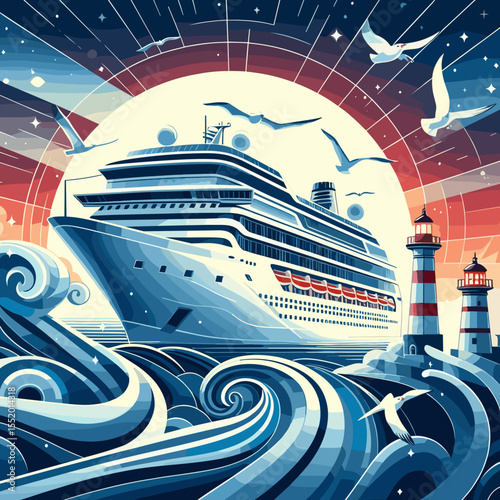 Cruise ship sailing through the ocean waves with lighthouses under a vibrant sunset sky