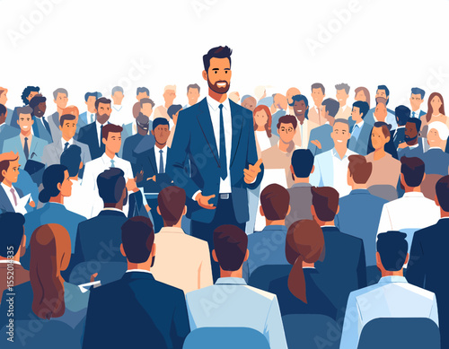 Motivational Speaker Addressing Large Audience in Blue Suit Against White Background in Flat Vector Illustration