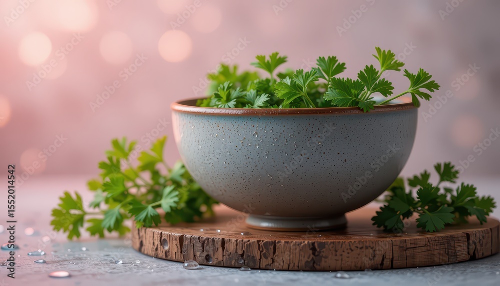 Fototapeta premium Grey Ceramic Bowl of Fresh Parsley with Water Droplets