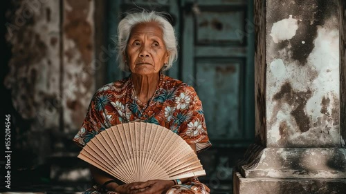 Elderly woman in a floral dress sits outside an old building holding a traditional hand fan, looking calm and thoughtful in the warm weather.