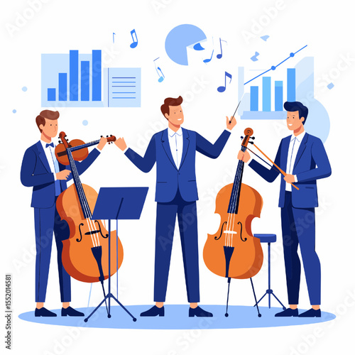 Orchestra Performance Featuring Violin and Cello Players with Conductor in Formal Attire with Graph Background on White