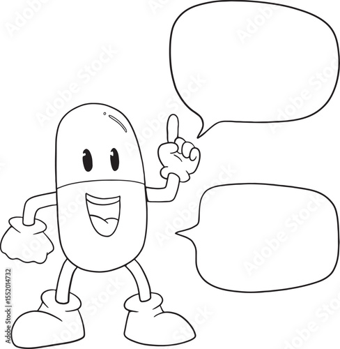 A cheerful cartoon pill mascot with thought bubbles, perfect for conveying messages related to medicine, health advice, dosage instructions, or pharmaceutical information in a friendly way.
