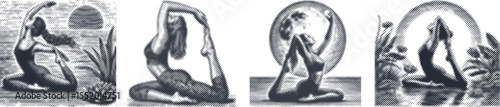 Halftone stipple bundle design featuring woman doing yoga pose, black engraving style, detailed dotted texture illustration, meditation, fitness, wellness, mindfulness, calm, balance, silhouette art