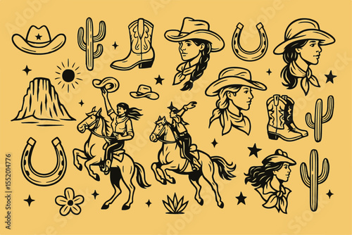 Rodeo Cowgirl – Chic Western Vector with Lasso & Horseshoe