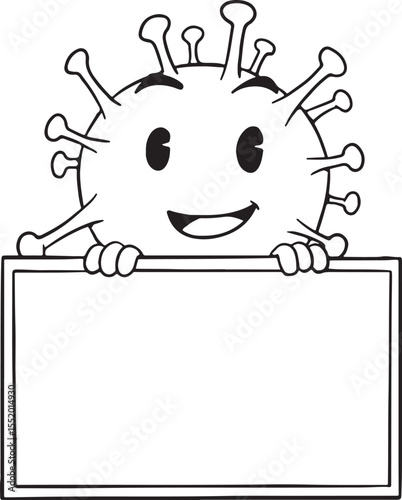 A cheerful cartoon virus or germ character holding a blank sign, ideal for conveying messages related to health, hygiene, illness prevention, or public health campaigns.