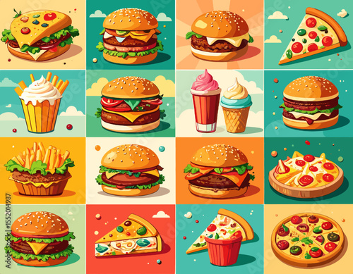 Pixel Art Food Assortment with Burgers Pizza and Fries on Colorful Backgrounds in Graphic Design Style