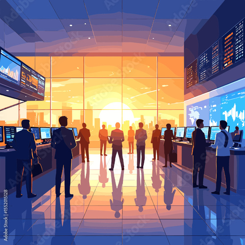 Pixel Art Illustration of Business Office Interior with Stock Traders at Sunset and City Skyline View in Geometric Style