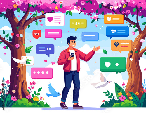Pixel Art of Man Under Blossoming Cherry Tree with Social Media Messages and Birds on a Light Blue Background