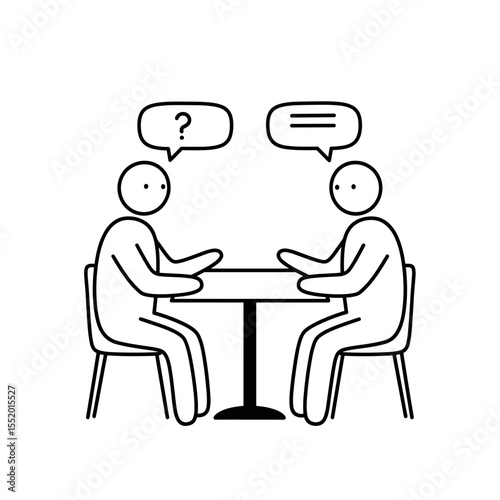 Two simple figures sitting across from each other having a discussion at a table
