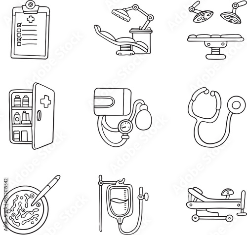 A comprehensive set of hand-drawn medical equipment icons, including a clipboard, dental chair, operating table, medicine cabinet, blood pressure monitor, stethoscope, petri dish, IV drip.