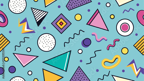 Colorful Geometric Memphis Pattern Background with Triangles, Circles, Zigzags, and Shapes Retro 90s Abstract Design Wallpaper