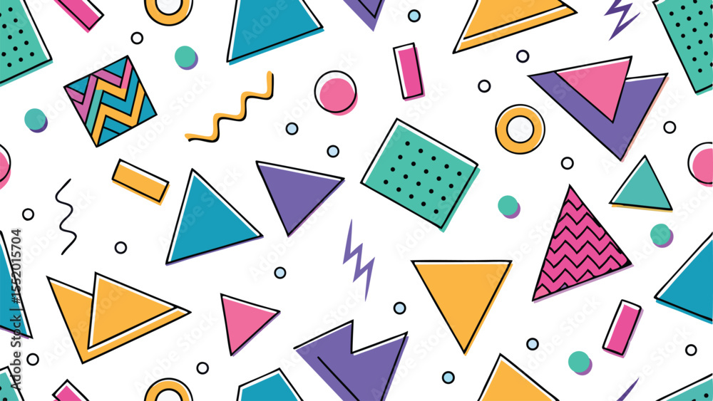 Colorful Geometric Memphis Pattern Background with Triangles, Circles, Zigzags, and Shapes Retro 90s Abstract Design Wallpaper