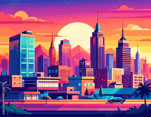 Pixelated Cityscape at Sunset with Towering Skyscrapers and Palm Trees against Colorful Sky
