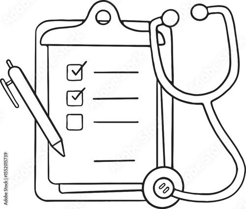 A medical checklist on a clipboard with a pen and a stethoscope, symbolizing health assessment and medical check-ups. Ideal for healthcare, diagnostics, and patient care themes.
