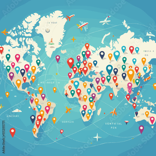 Colorful world map with travel pins and airplanes symbolizing global exploration