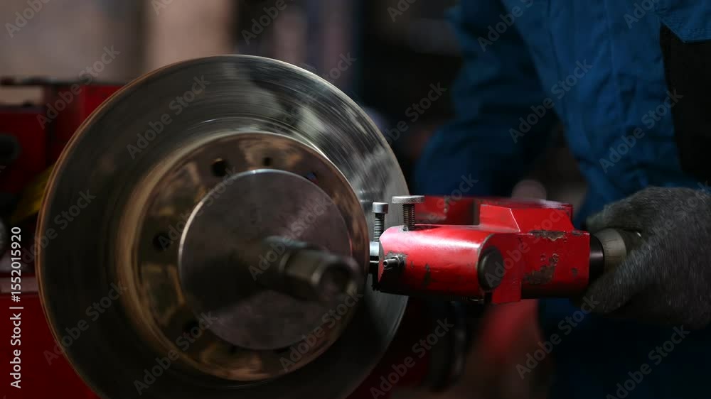 Worker using a red power tool to grind or polish a metal disc, wearing protective gloves and a blue outfit in an industrial setting.