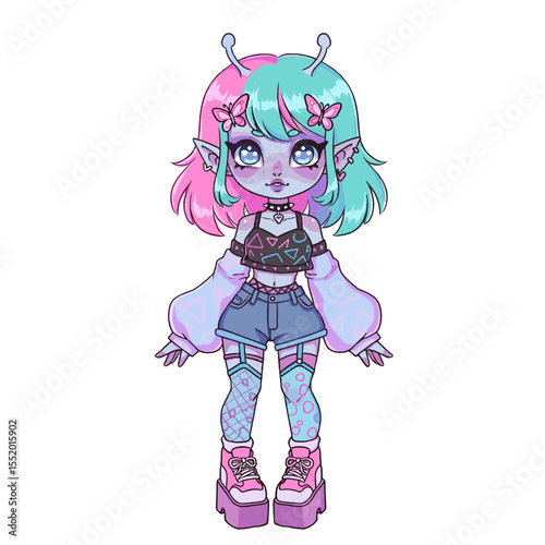 Whimsical Alien Girl Illustration with Pastel Hair and Butterfly Accents