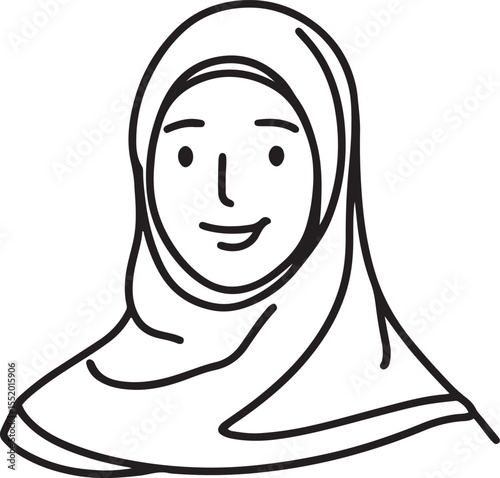 A simple black and white line art illustration of a smiling Muslim woman wearing a hijab headscarf representing cultural diversity